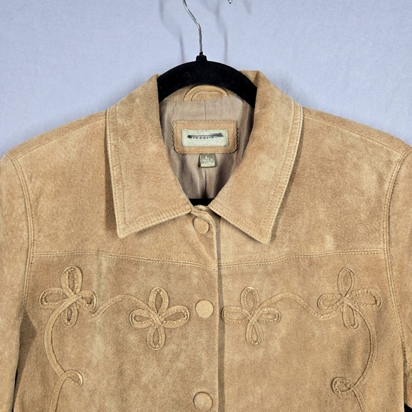 Vintage The Territory Ahead Suede Leather Jacket Floral Applique Tan Size Large - Picture 14 of 16